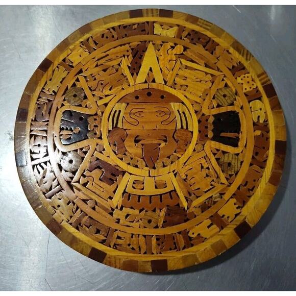 VTG 8" Wooden Aztec Mayan Mexico Calendar Hand Carved Inlay Wood Art Mexican - Picture 2 of 5